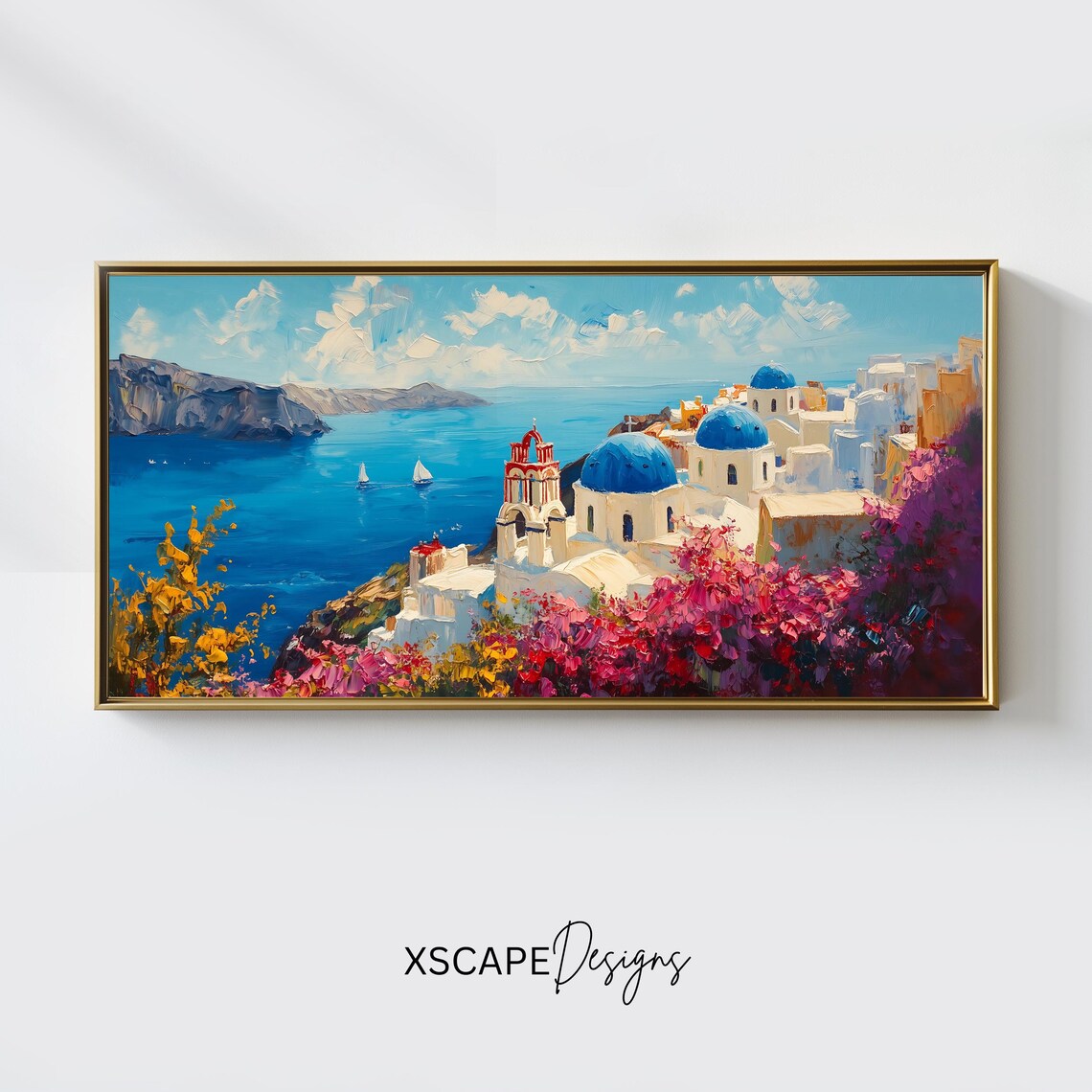 Santorini Travel Poster, Panoramic Coastal Artwork