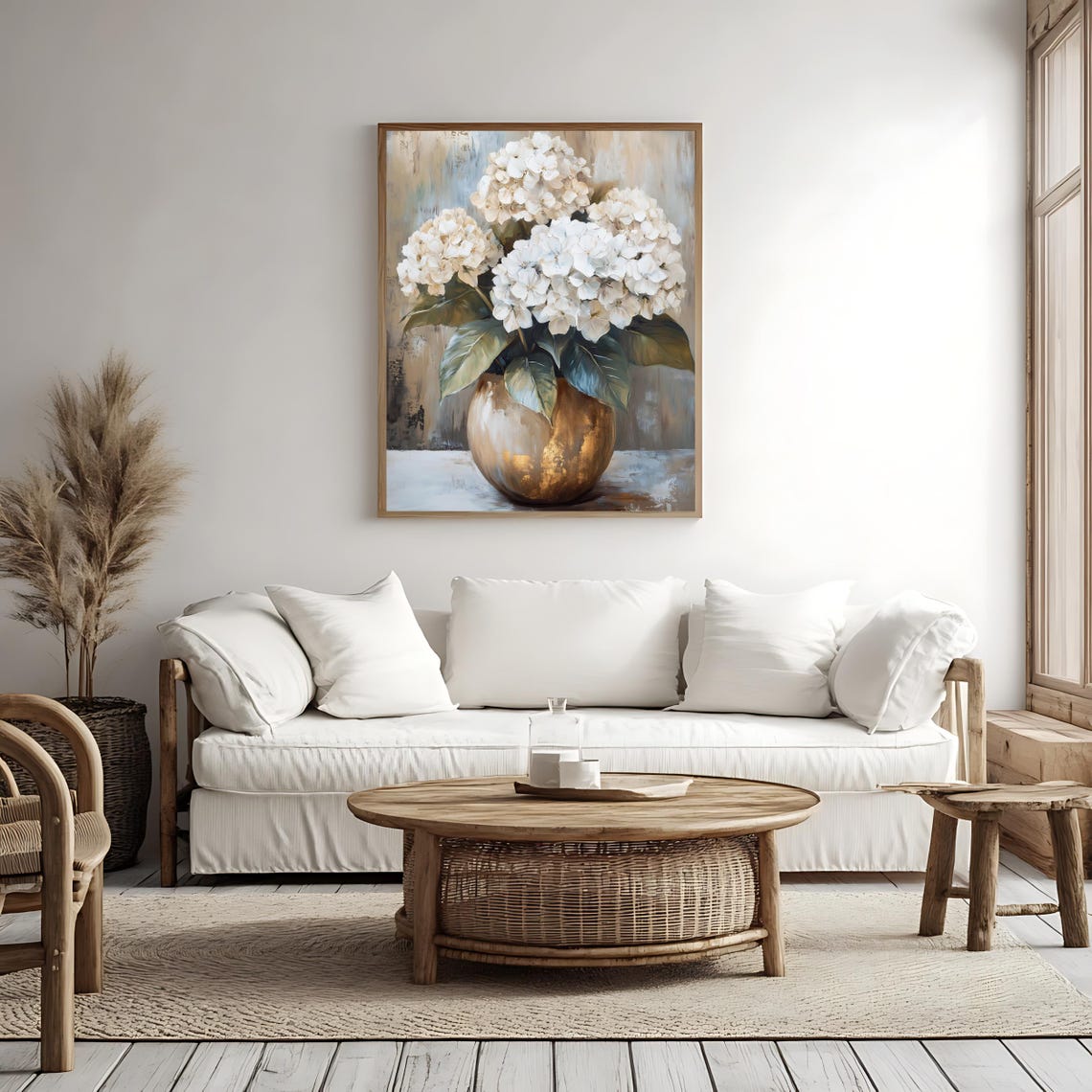 White Hydrangea Bouquet Gold Vase Still Life Elegant Floral Wall Art - Image 4