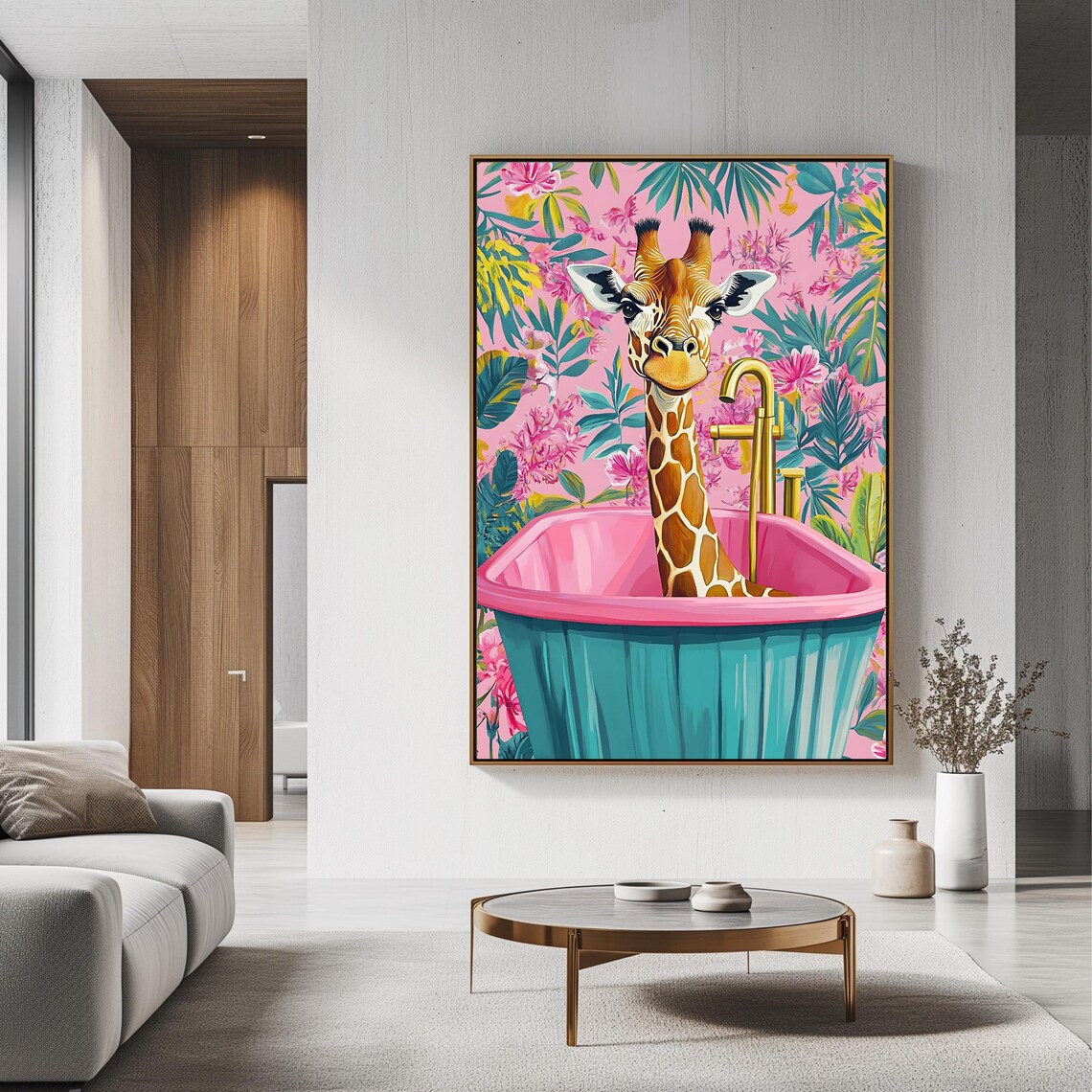 Funny Giraffe in Pink Bathtub Tropical Bathroom Quirky Animal Art Print - Image 3