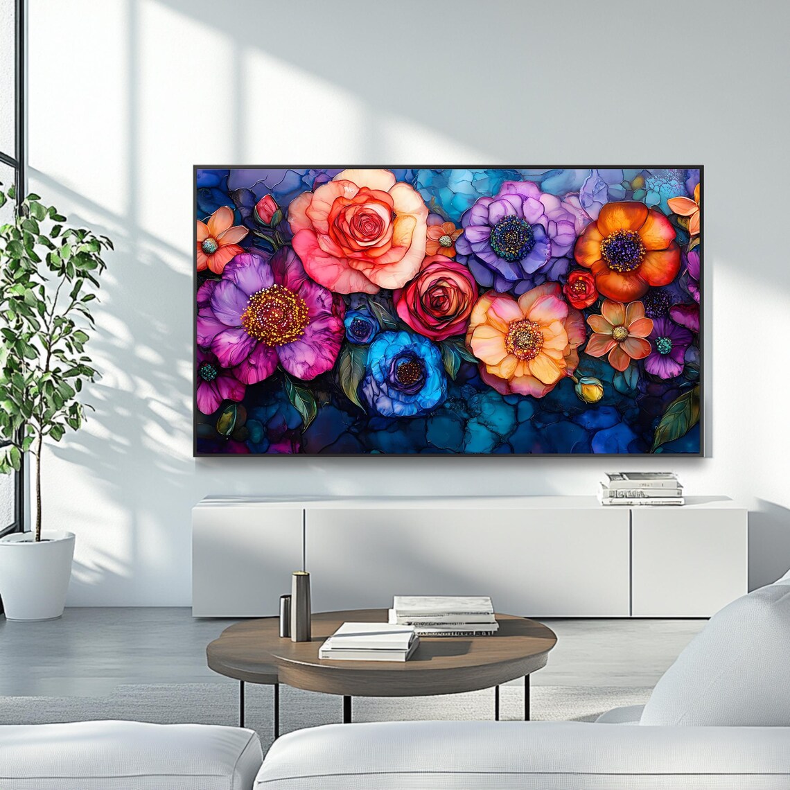 Vibrant Stained Glass Roses And Cosmos Flowers Colorful Art Poster - Image 4