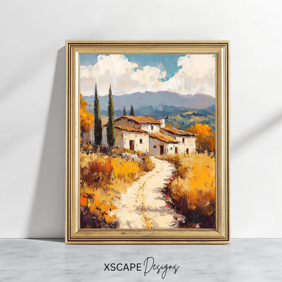 Tuscan Villa Golden Wheat Fields Cypress Trees Mountain View Poster