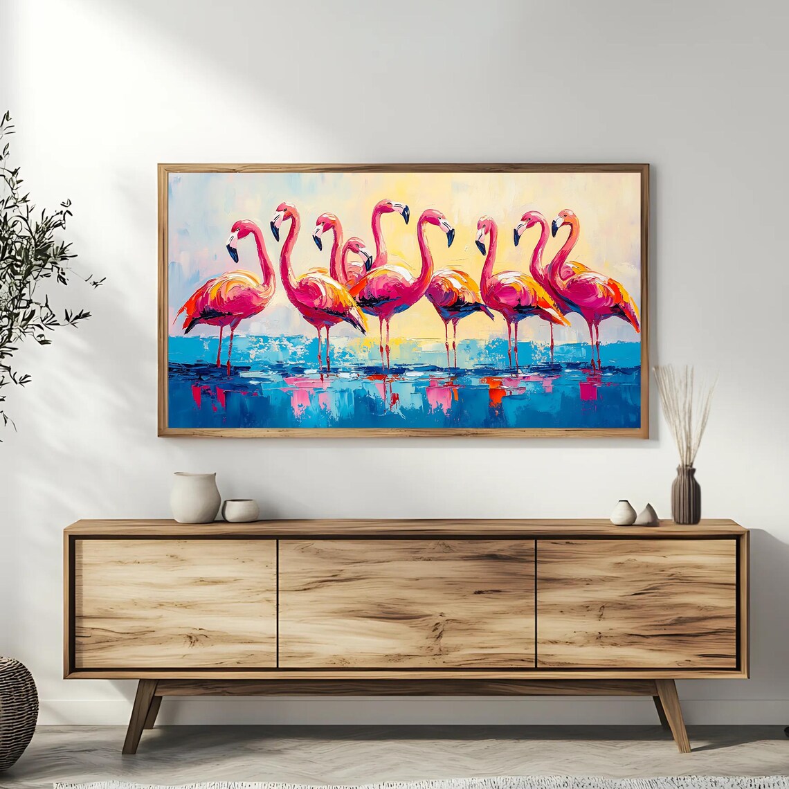 Pink Flamingos Wading Turquoise Water Golden Sky Tropical Poster - Image 3