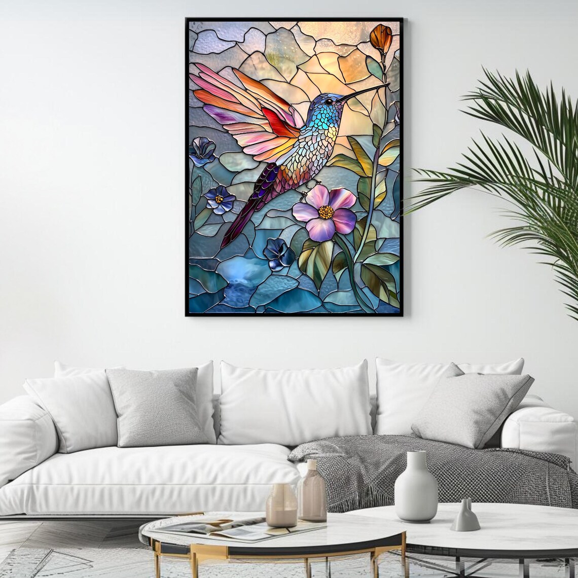 Stained Glass Hummingbird And Flowers Colorful Nature Art Poster - Image 4