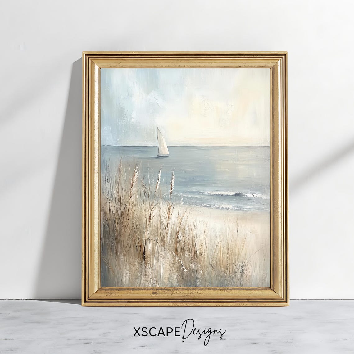 Sailboat on a Misty Sea with Beach Grass Serene Coastal Art Poster