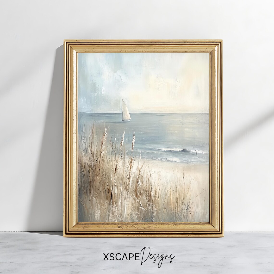 Vintage Coastal Art Print Sailboat Beach Wall Art Neutral Nautical Decor Rustic Ocean Landscape