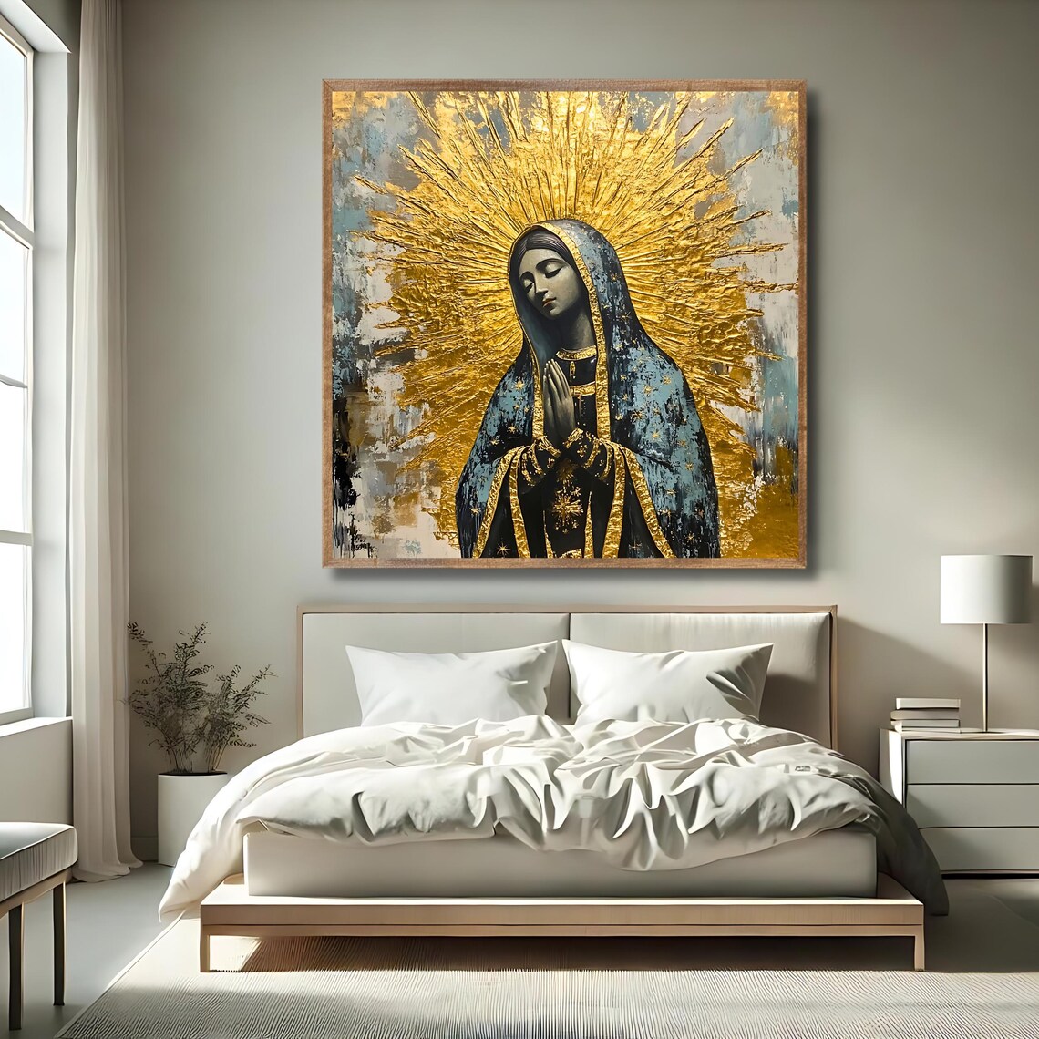Our Lady of Guadalupe Gold Sunburst Halo Praying Vintage Marian Art Print - Image 2