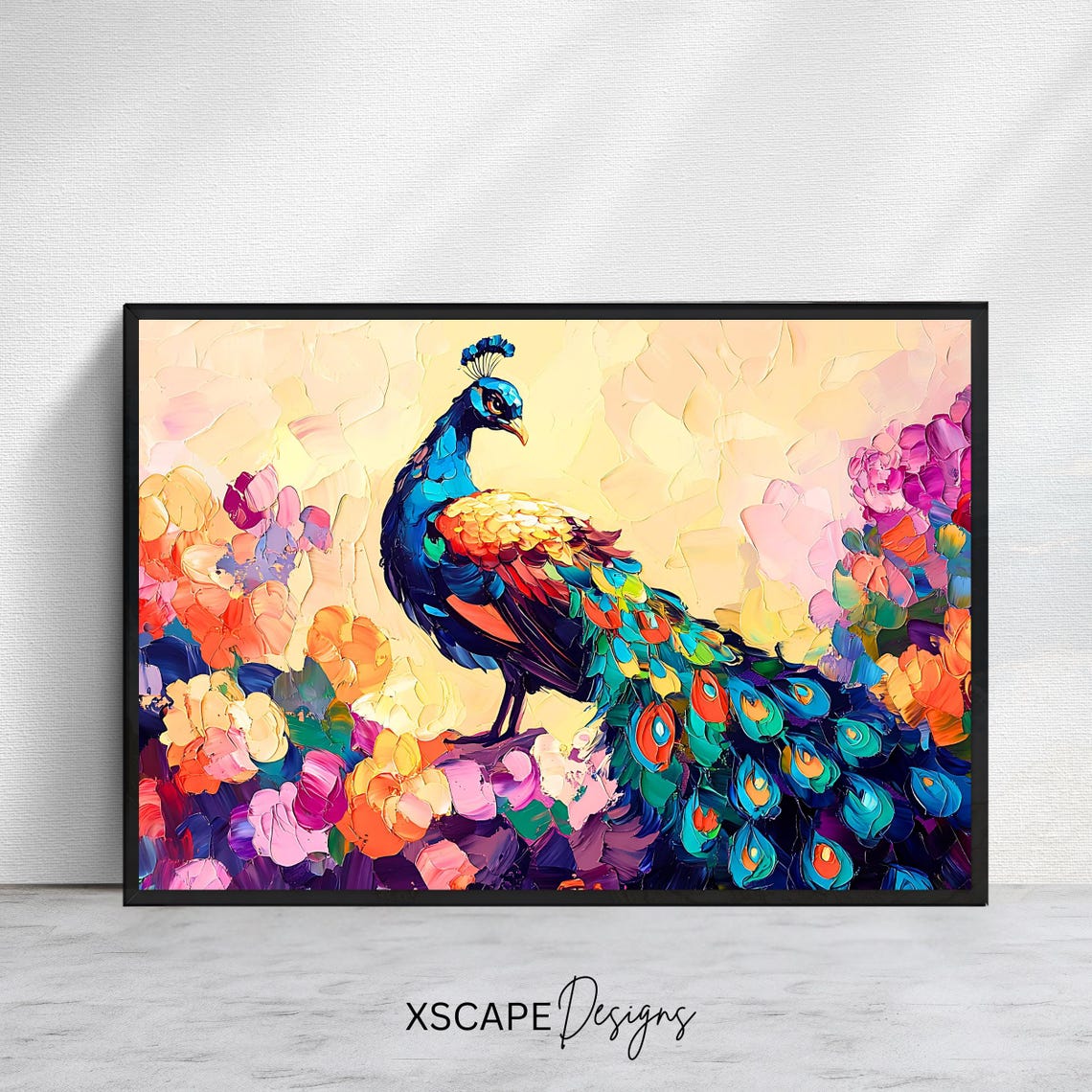 Peacock Colorful Feathers Floral Impasto Painting Vibrant Bird Poster