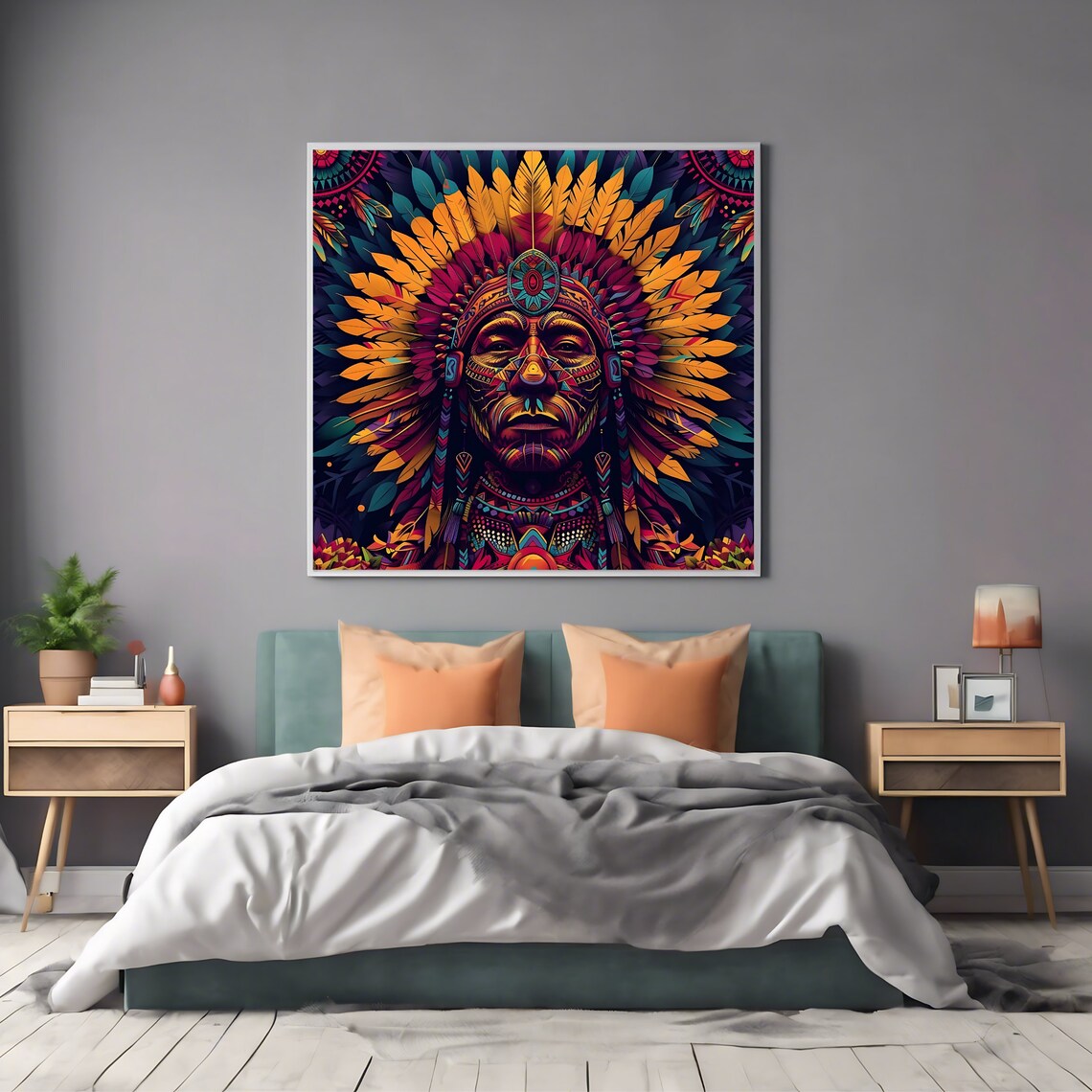 Tribal Warrior Wall Art Print Vibrant Native Headdress Artwork Cultural Square Poster - Image 2