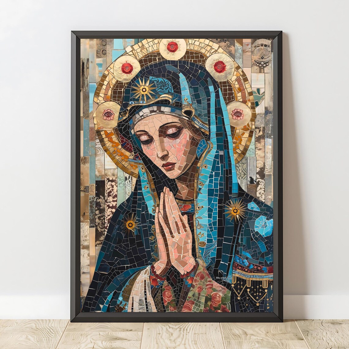 Virgin Mary Mosaic Blue Gold Praying Hands Catholic Religious Wall Art Poster - Image 2