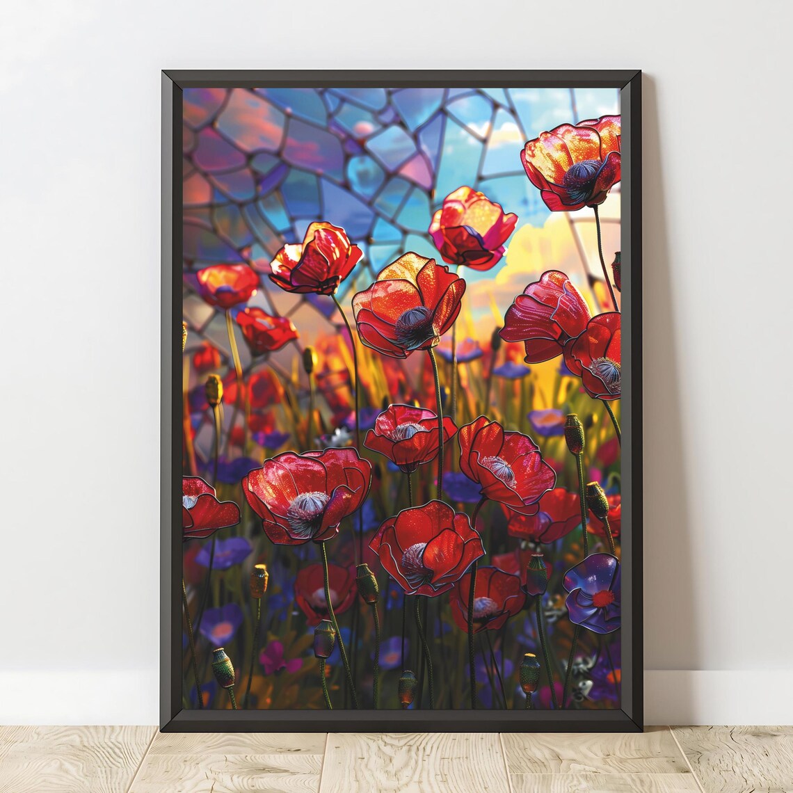 Stained Glass Red Poppies Vibrant Floral Mosaic Art Print Home Decor - Image 2