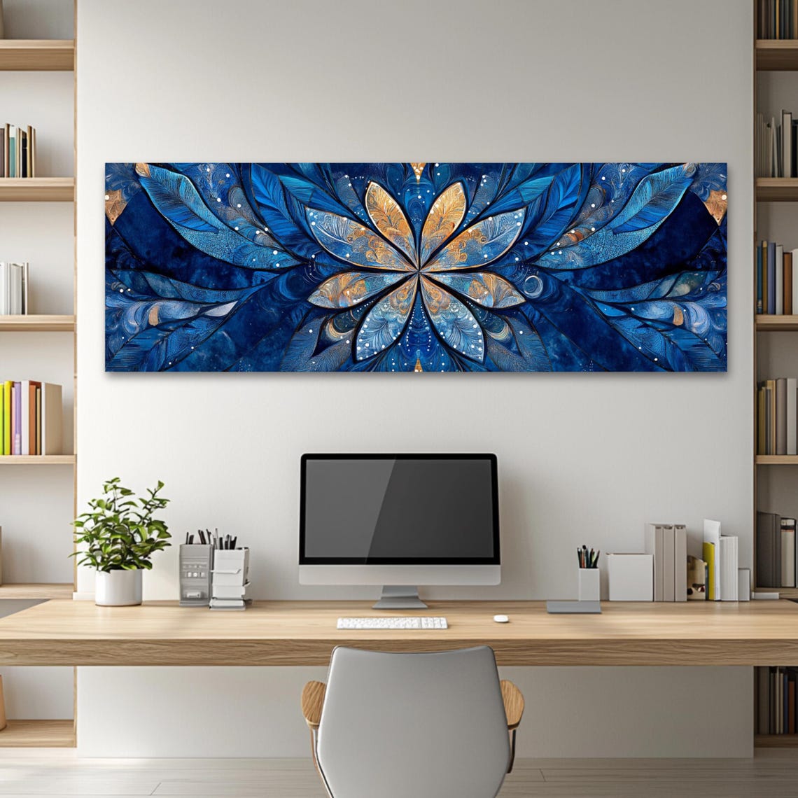 Blue Gold Symmetric Mandala Petals Panoramic Boho Art Poster - Image 2