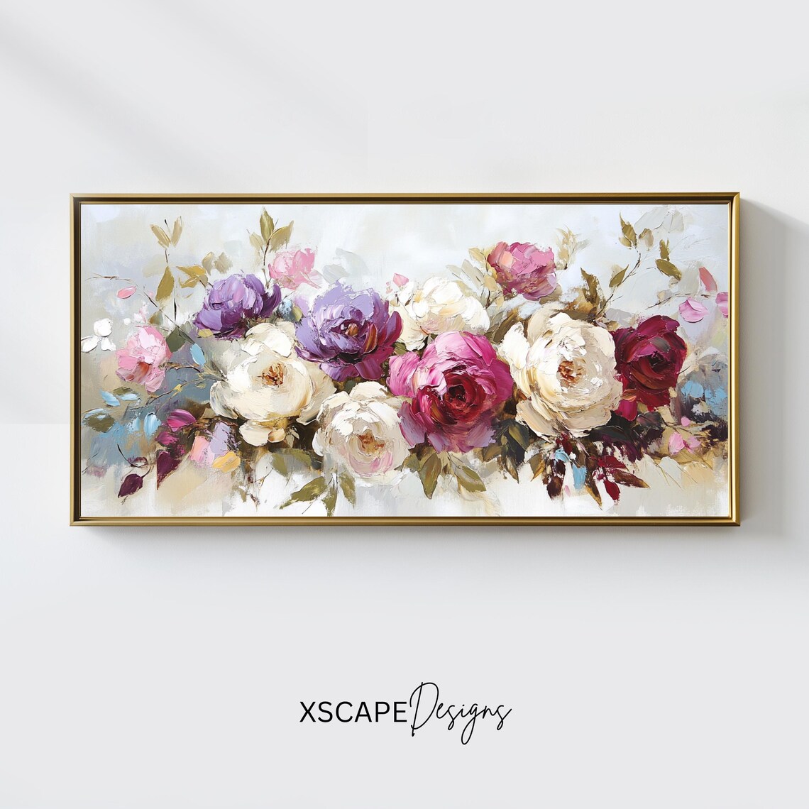 Romantic Roses Peonies Bouquet Oil Painting Panoramic Floral Wall Art