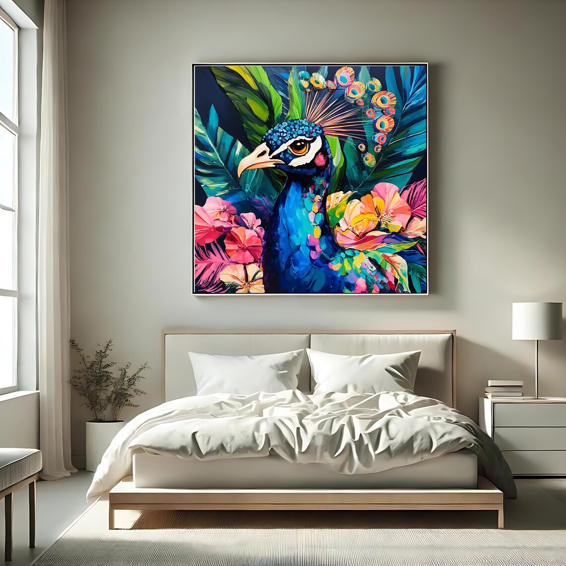 Peacock Portrait Tropical Flowers Vibrant Blue Bird Wildlife Art Print - Image 2