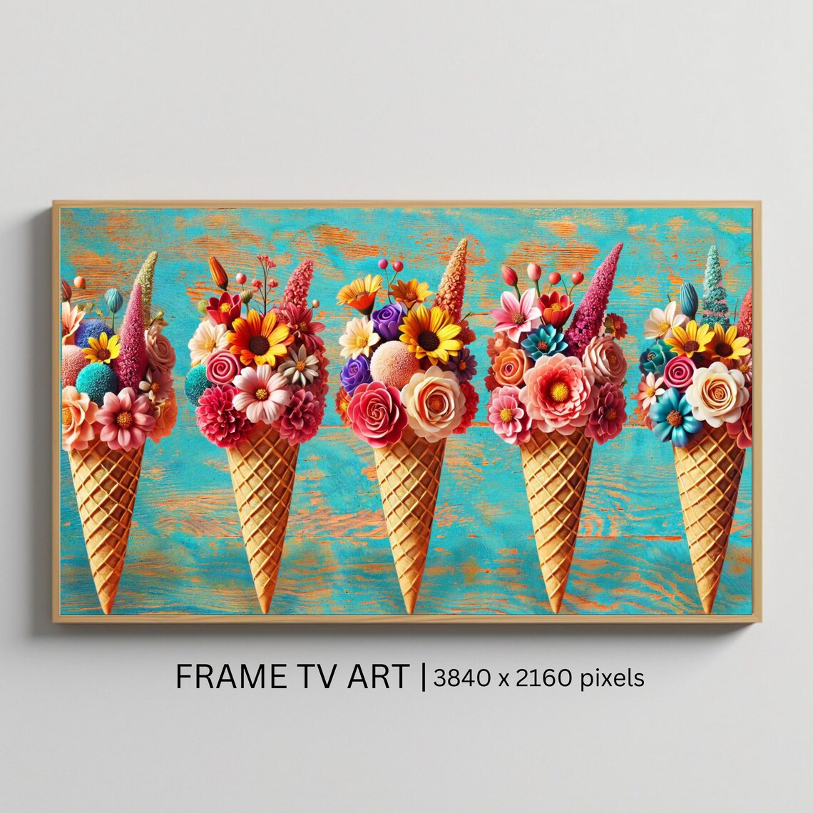 Colorful Flower Bouquets In Ice Cream Cones Whimsical Teal Art Poster
