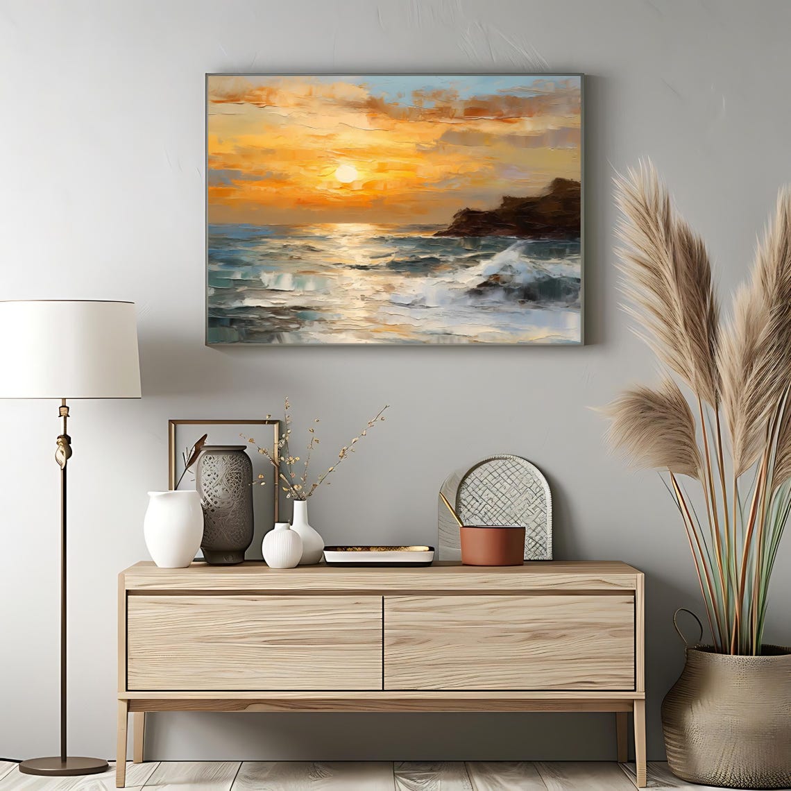 Ocean Sunset Waves Rocky Shore Bright Golden Light Seascape Poster - Image 3