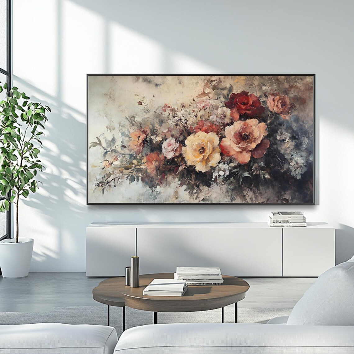 Vintage Rose Bouquet Cream Blush Dark Moody Floral Frame TV Poster - Image 4
