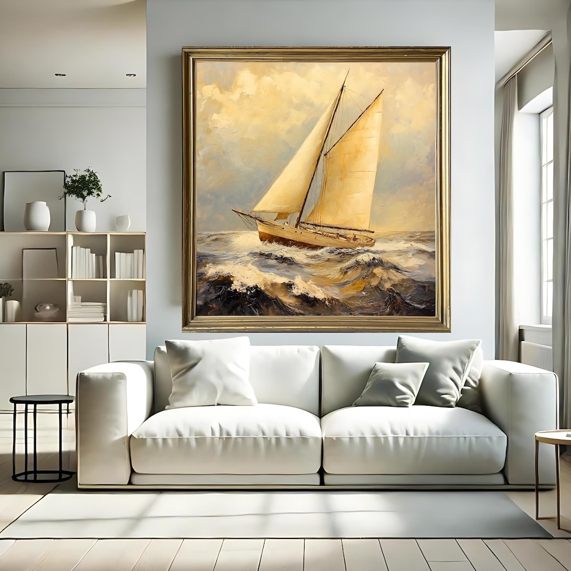 Sailboat Golden Light Vintage Oil Painting Nautical Ocean Wave Poster - Image 3