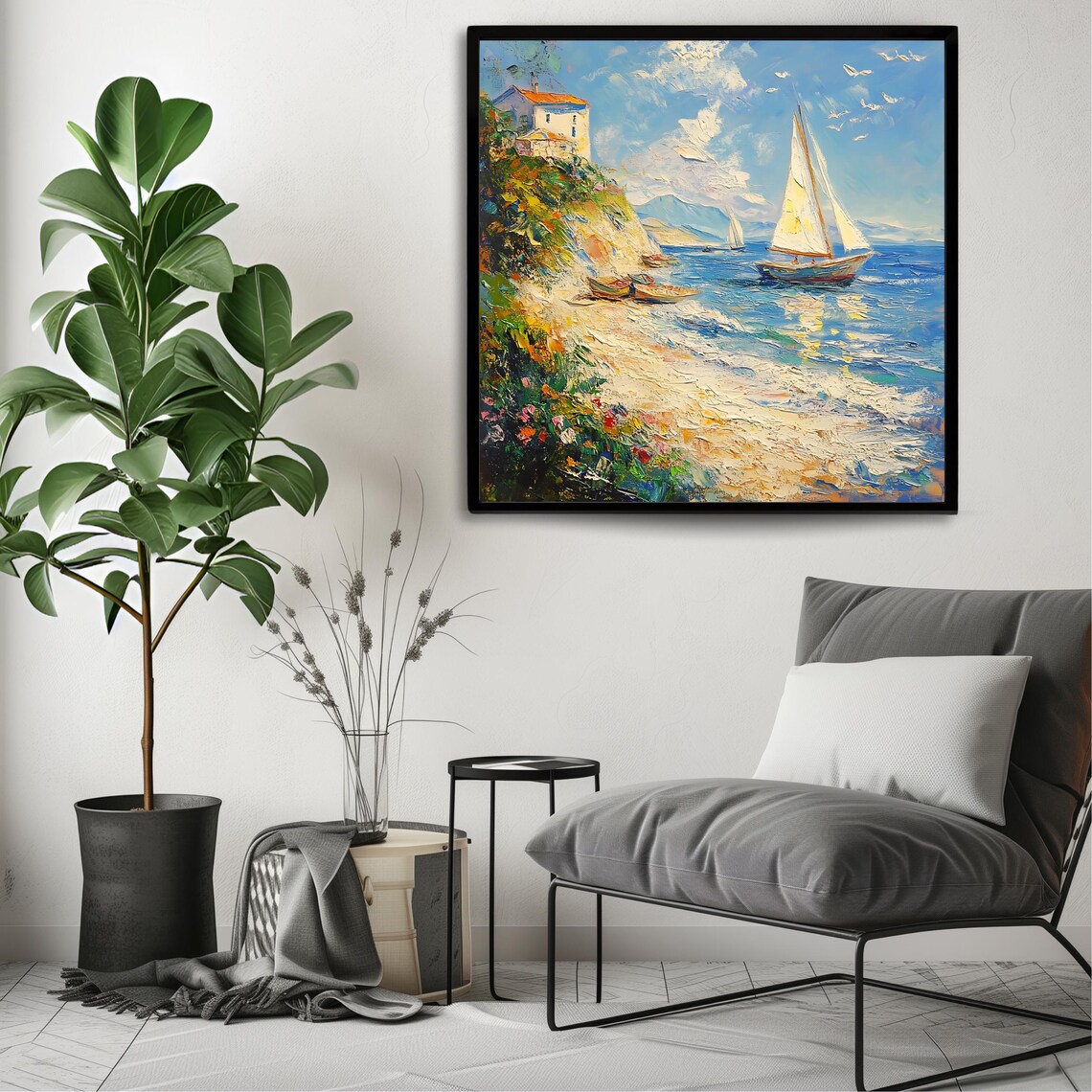 Coastal Sailboat Wall Art Print Seaside Artwork Square Nautical Landscape Decor Ocean Painting - Image 3