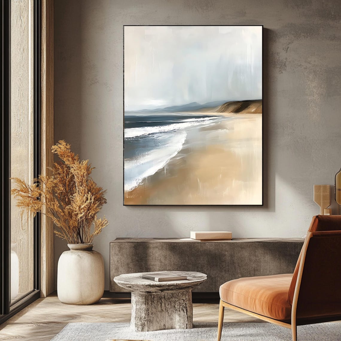 Minimalist Neutral Beach Waves and Sandy Shore Coastal Art Poster - Image 3