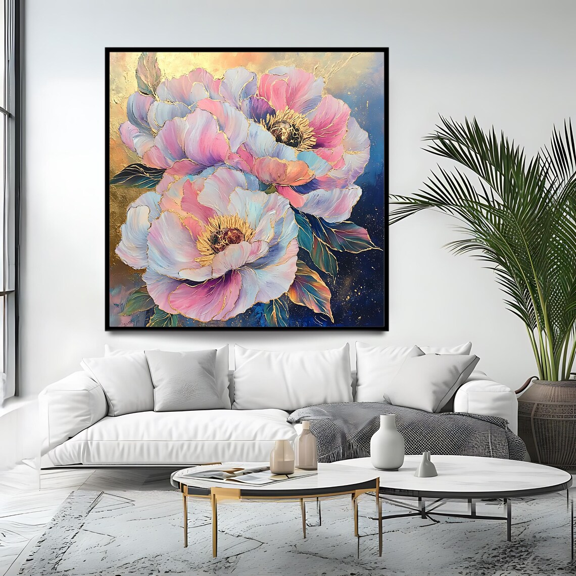 Pink Peony Blossoms Gold Accents Navy Background Botanical Art Print - Image 4