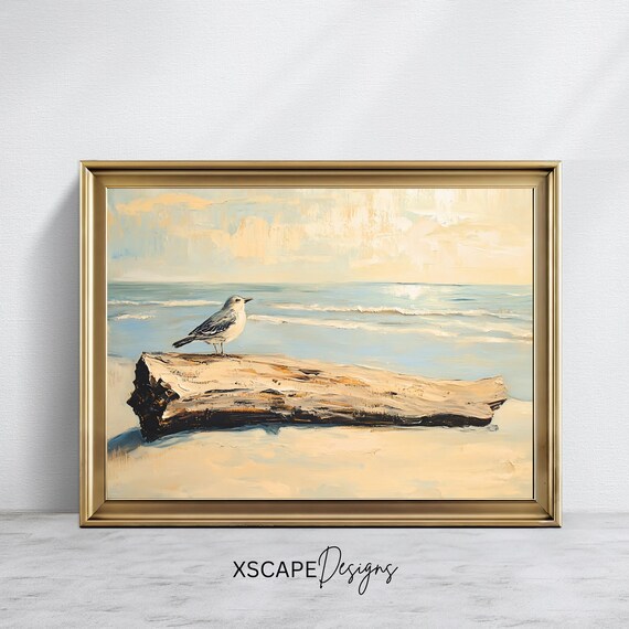 Vintage Coastal Art Print Seagull Beach Wall Art Tranquil Ocean Scene Seaside Nautical Home Decor