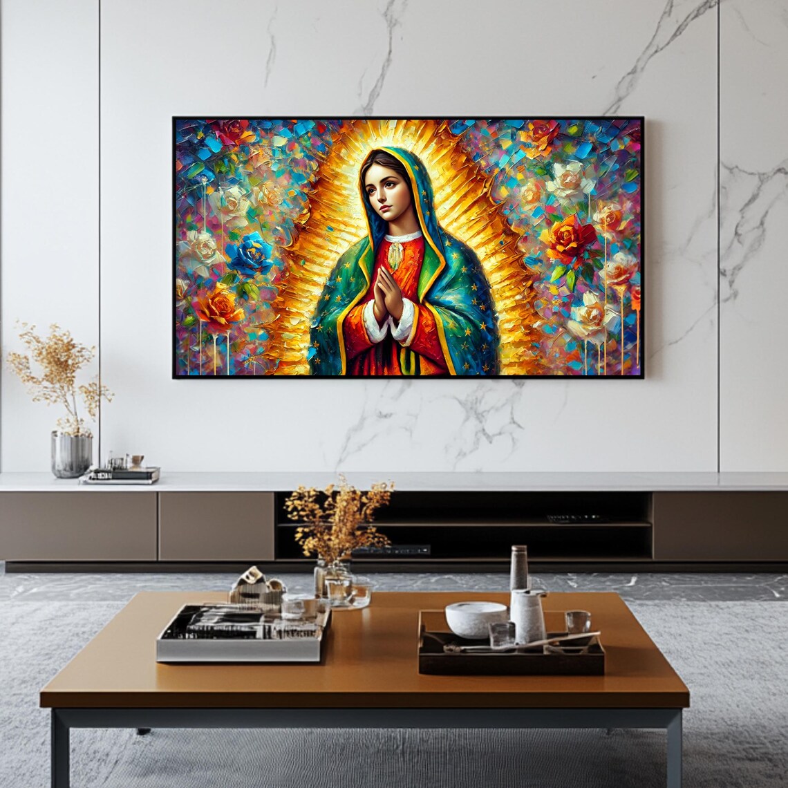 Our Lady Of Guadalupe Golden Halo Mosaic Roses Catholic Art Poster - Image 2