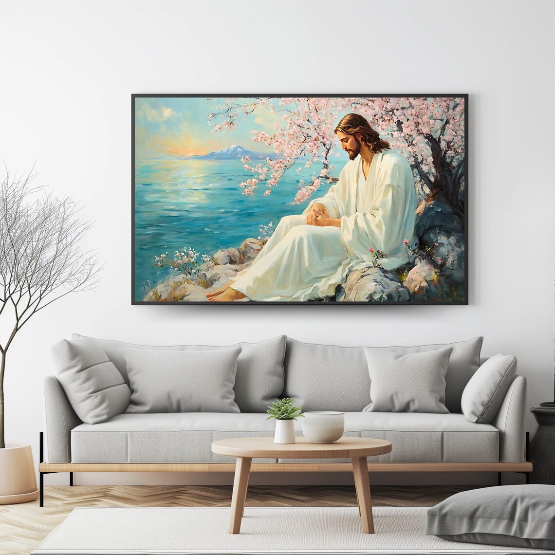 Jesus Resting by the Sea Under Cherry Blossoms Sunrise Serene Faith Art Print - Image 4