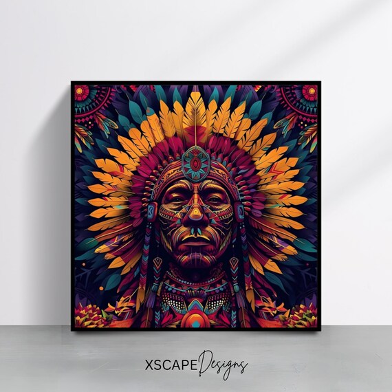 Tribal Warrior Wall Art Print Vibrant Native Headdress Artwork Cultural Square Poster