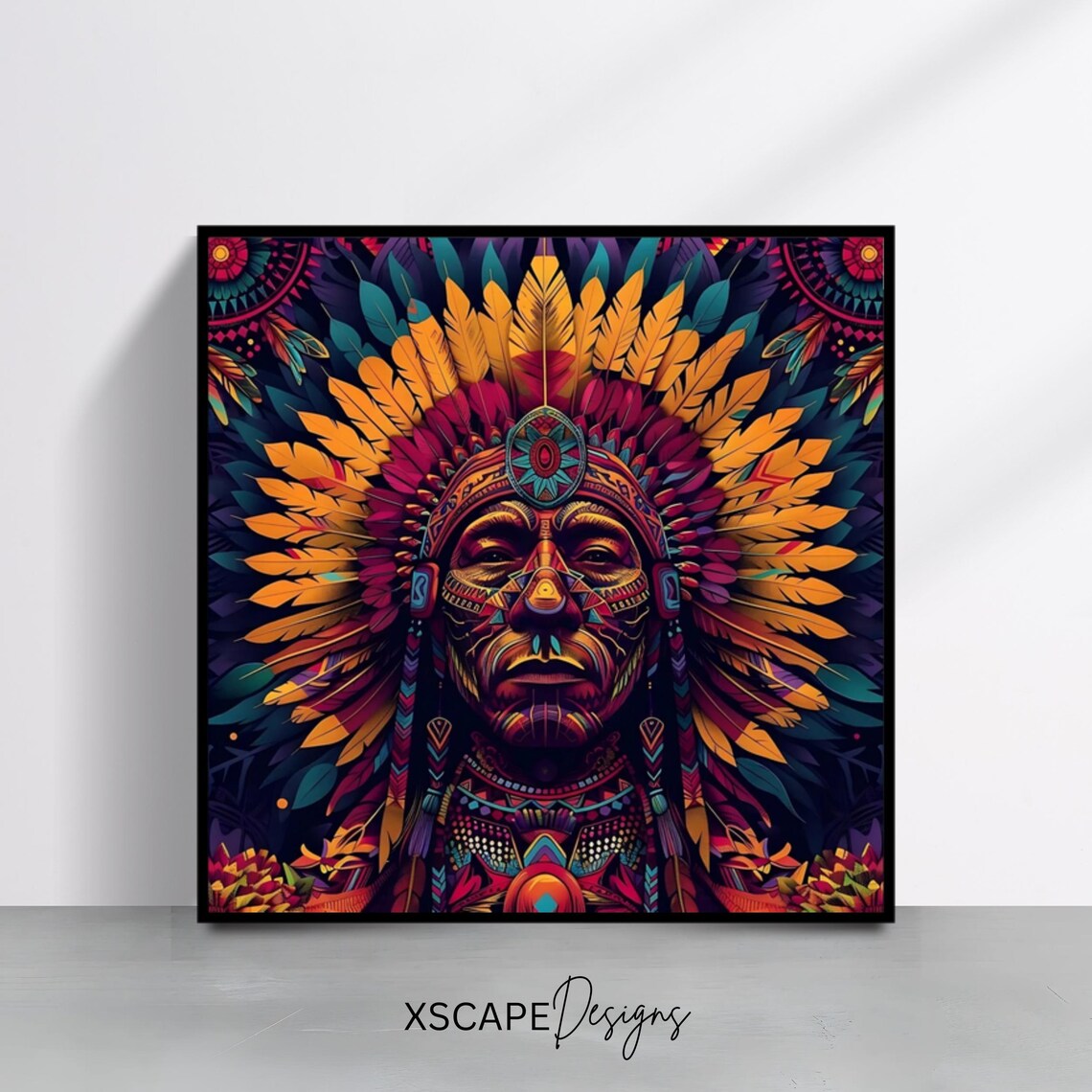 Tribal Warrior Wall Art Print Vibrant Native Headdress Artwork Cultural Square Poster