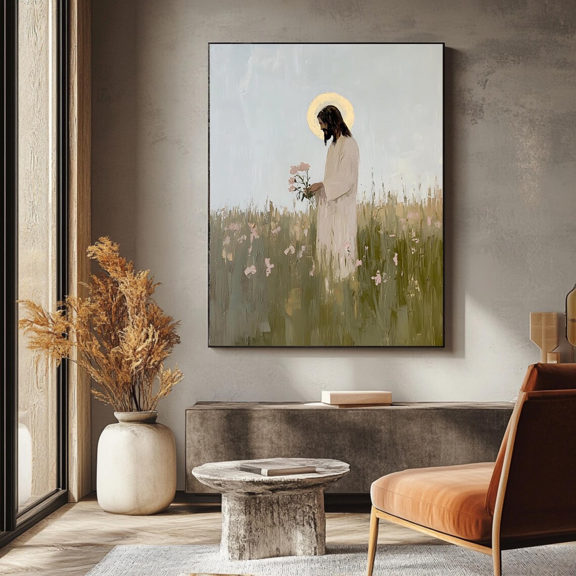 Jesus In Wildflower Meadow Holding Blooms Peaceful Christian Art Poster - Image 3