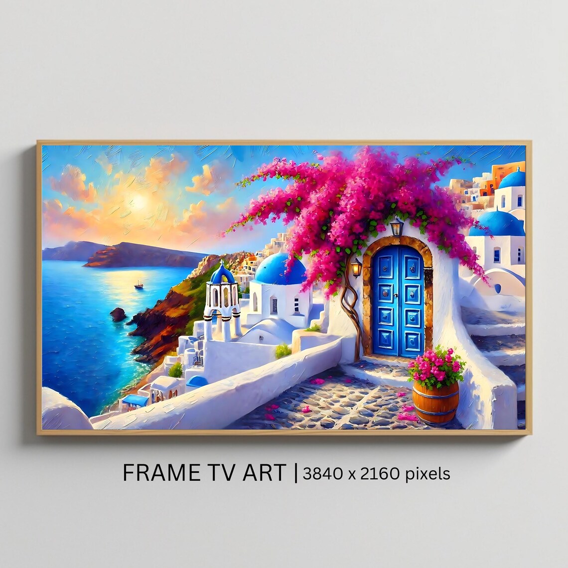 Santorini Greece Blue Doors Bougainvillea Sunset Caldera View Print