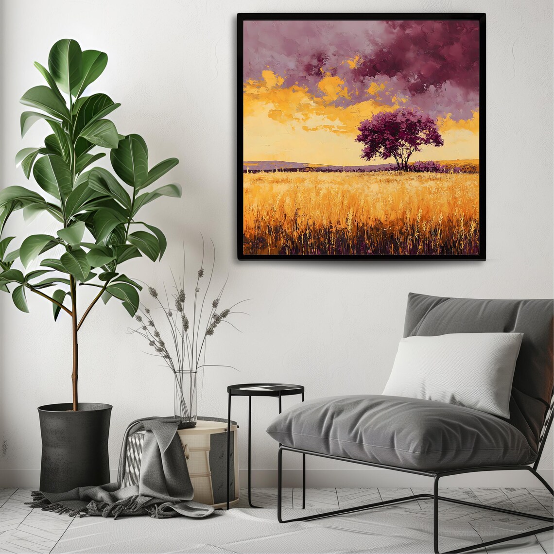 Golden Field Landscape Wall Art Print Vibrant Tree Artwork Square Nature Inspired Decor Dramatic Sky Painting - Image 3