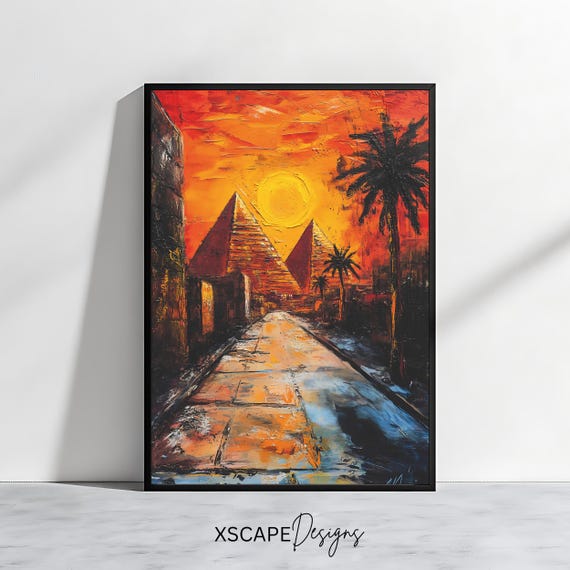 Egyptian Pyramids Wall Art Print Sunset Landscape Vibrant Desert Artwork