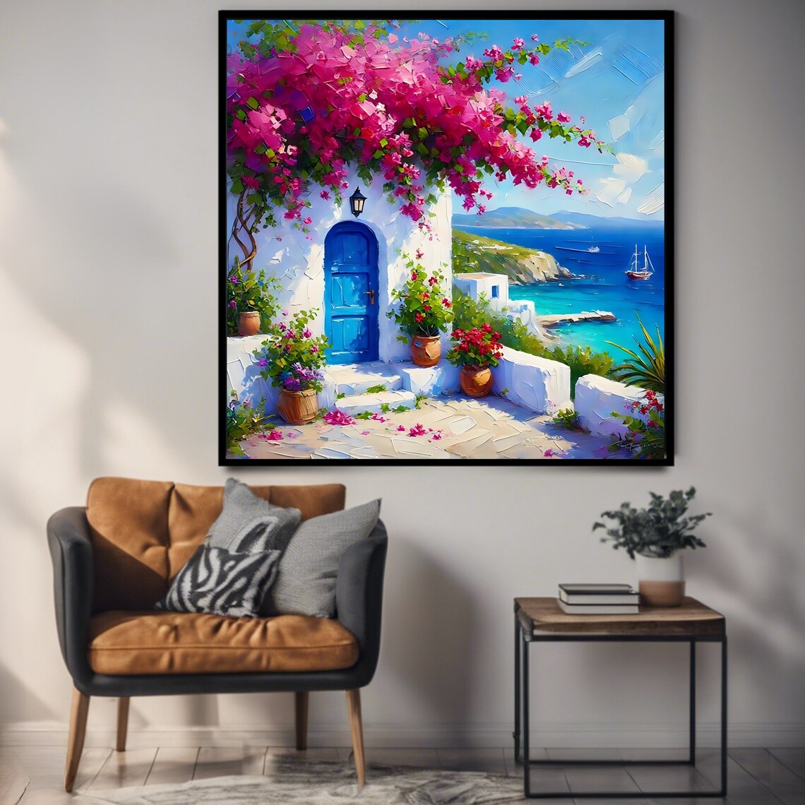 Santorini Greece Blue Door Bougainvillea Sailboats Coastal View Print - Image 3