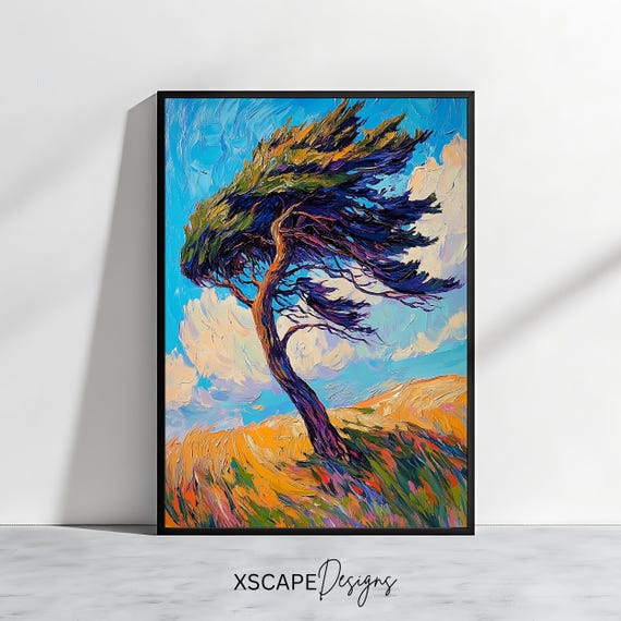 Windy Tree Art Print Colorful Landscape Painting Vibrant Nature Wall Art Modern Expressionist Decor Bold Tree