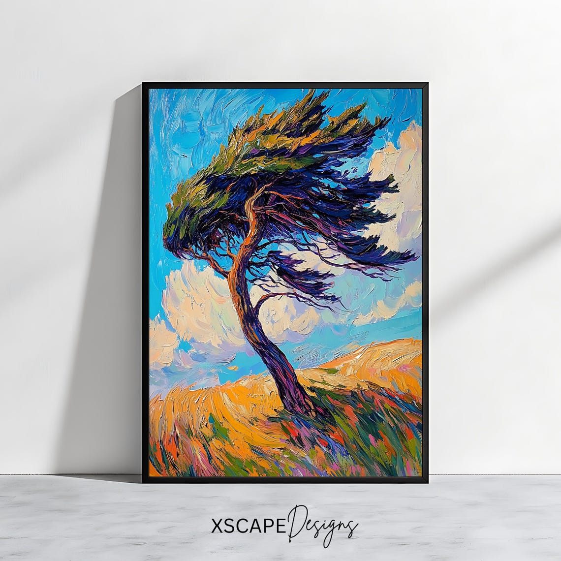 Windy Tree Art Print Colorful Landscape Painting Vibrant Nature Wall Art Modern Expressionist Decor Bold Tree
