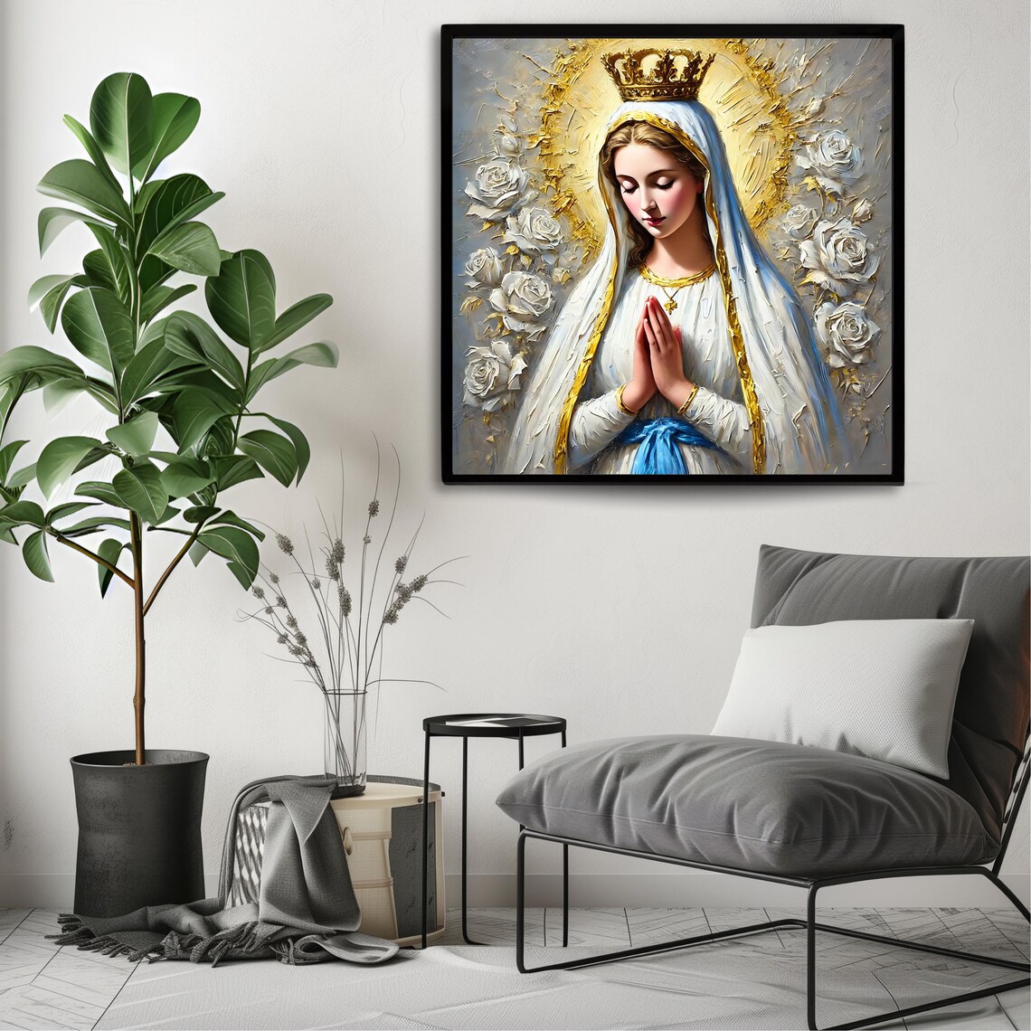 Our Lady of Fatima Crowned Marian Prayer White Roses Gold Halo Art Print - Image 3