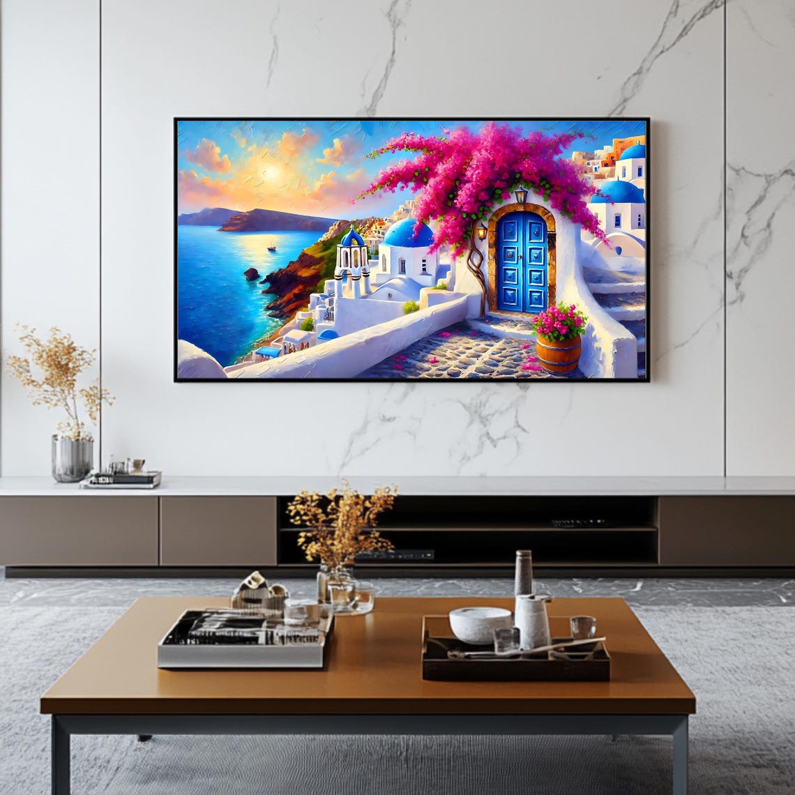 Santorini Greece Blue Doors Bougainvillea Sunset Caldera View Print - Image 2