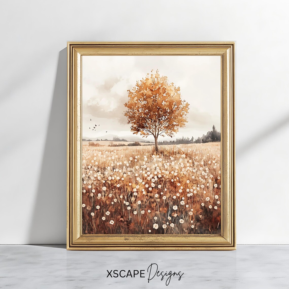 Golden Autumn Tree In Wildflower Field Watercolor Fall Meadow Poster