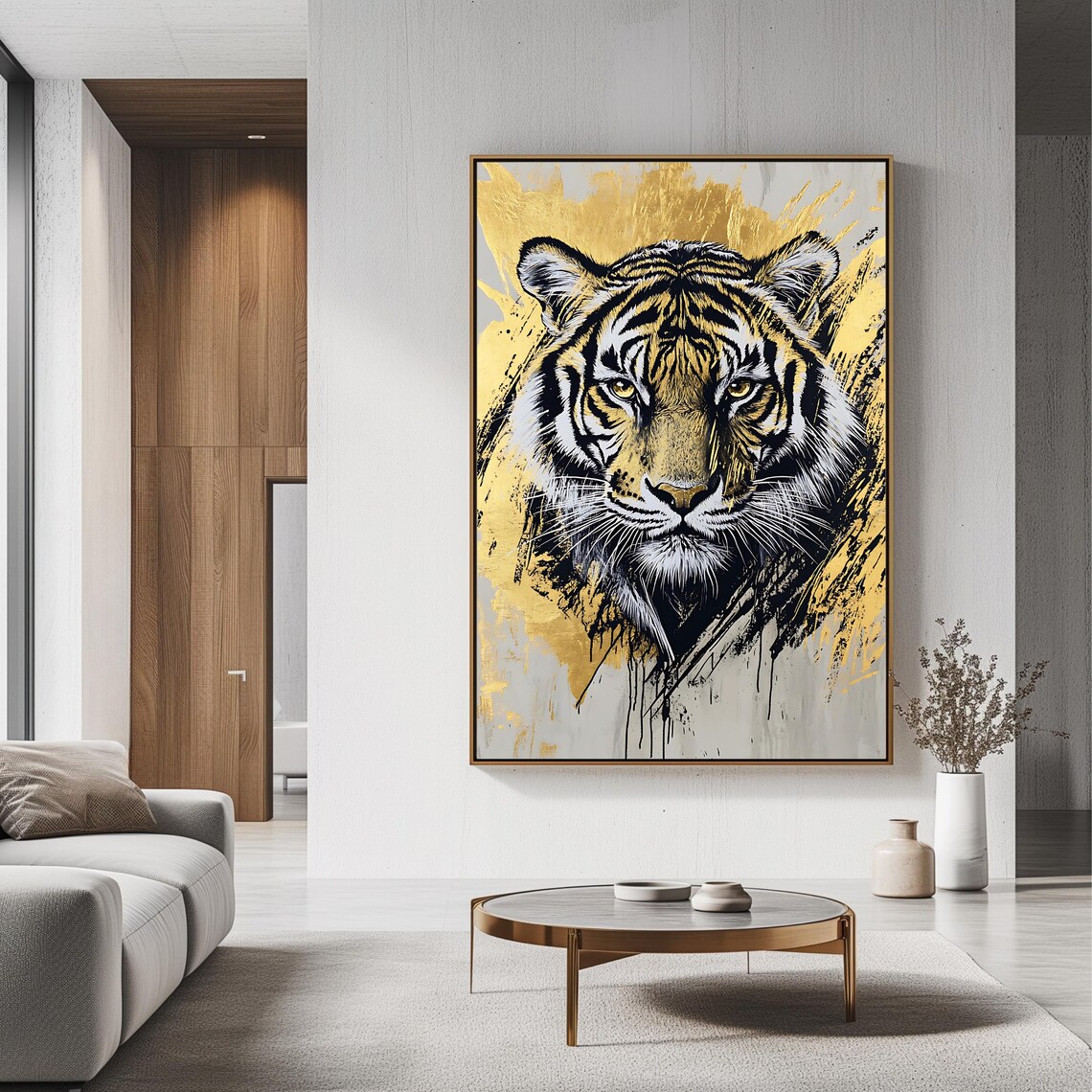 Majestic Tiger Portrait Black Gold Ink Wildlife Modern Animal Art Print - Image 3