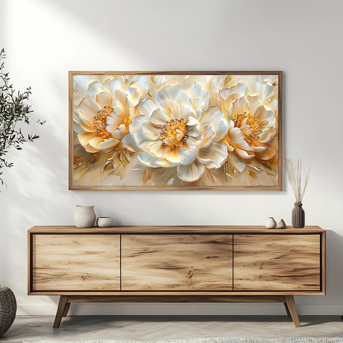 White And Gold Peonies 3D Impasto Relief Elegant Floral Poster - Image 3