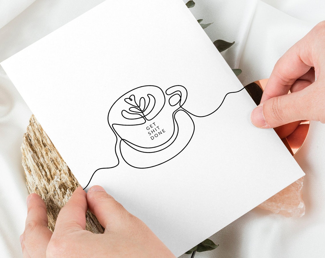 Get Shit Done Single Line Coffee Cup Funny Minimalist Art Poster
