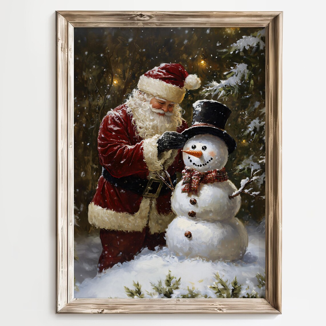 Santa and Snowman Christmas Art Print, Holiday Decor