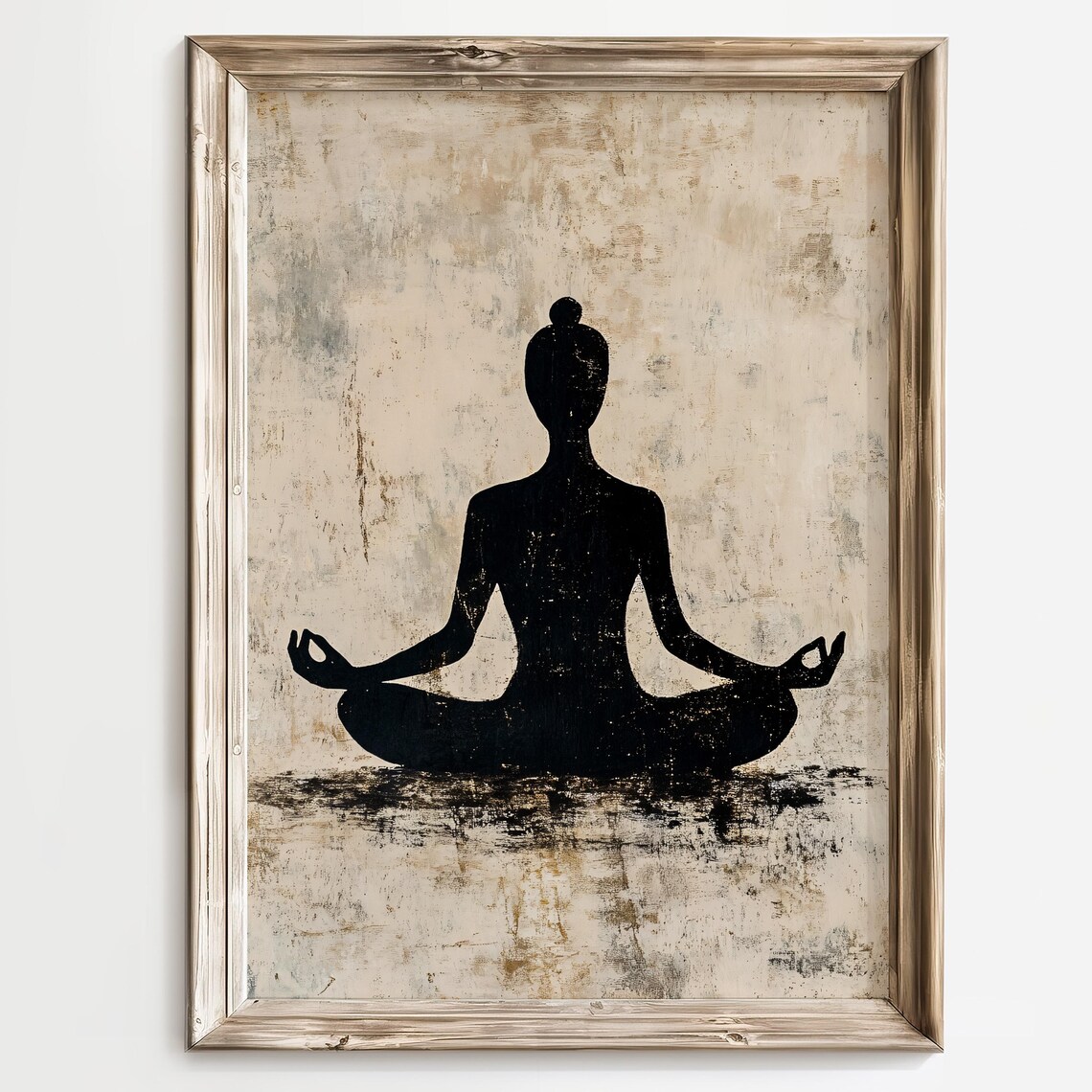 Black Silhouette of a Meditating Figure on Beige Canvas Poster - Image 3