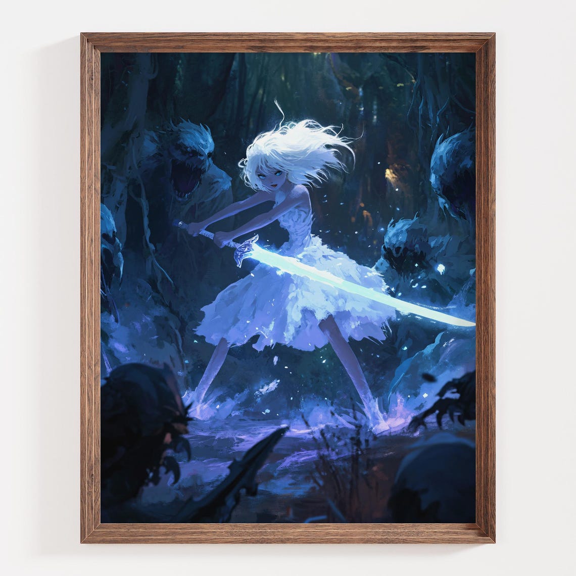 Anime Warrior Girl with Glowing Sword Dark Forest Battle Poster - Image 3