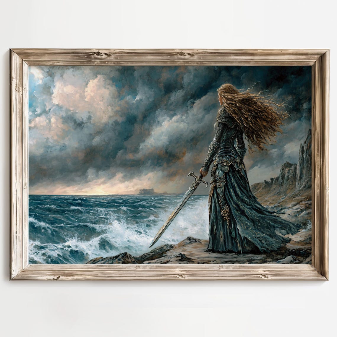 Female Warrior With a Sword Standing on a Stormy Dark Coast Poster - Image 2