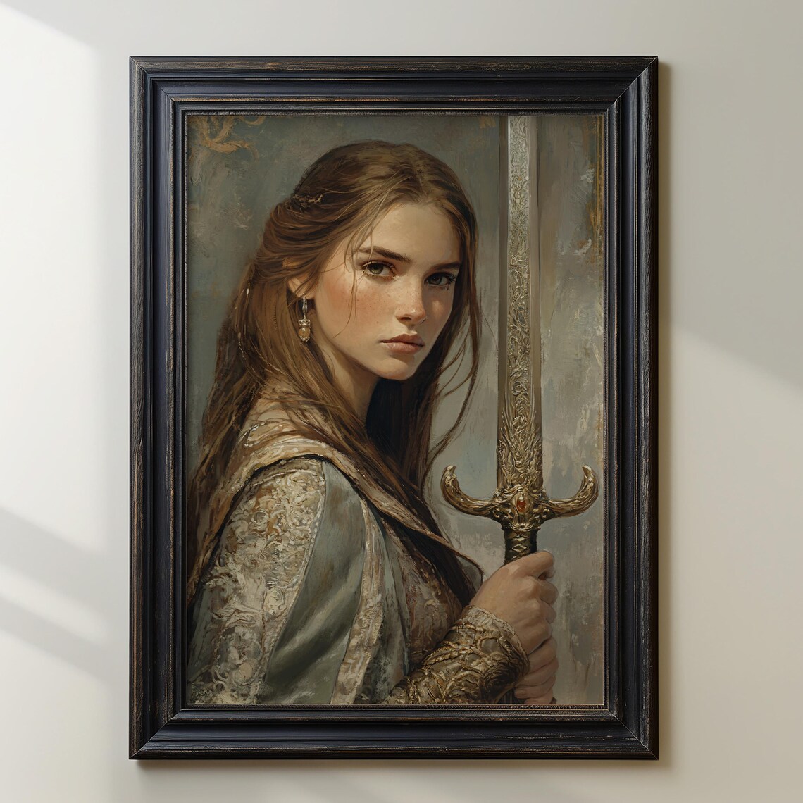 Brave Warrior Woman Holding an Ornate Golden Sword Fantasy Poster
