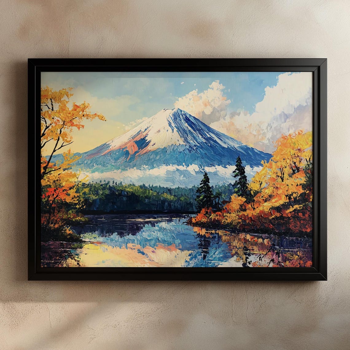 Mount Fuji Autumn Foliage Snow Capped Lake Reflection Scene Poster