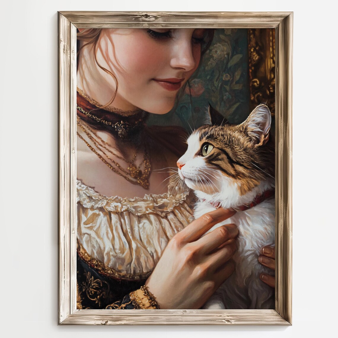 Victorian Woman in a Lace Dress Holding a Tabby Cat Art Poster - Image 2