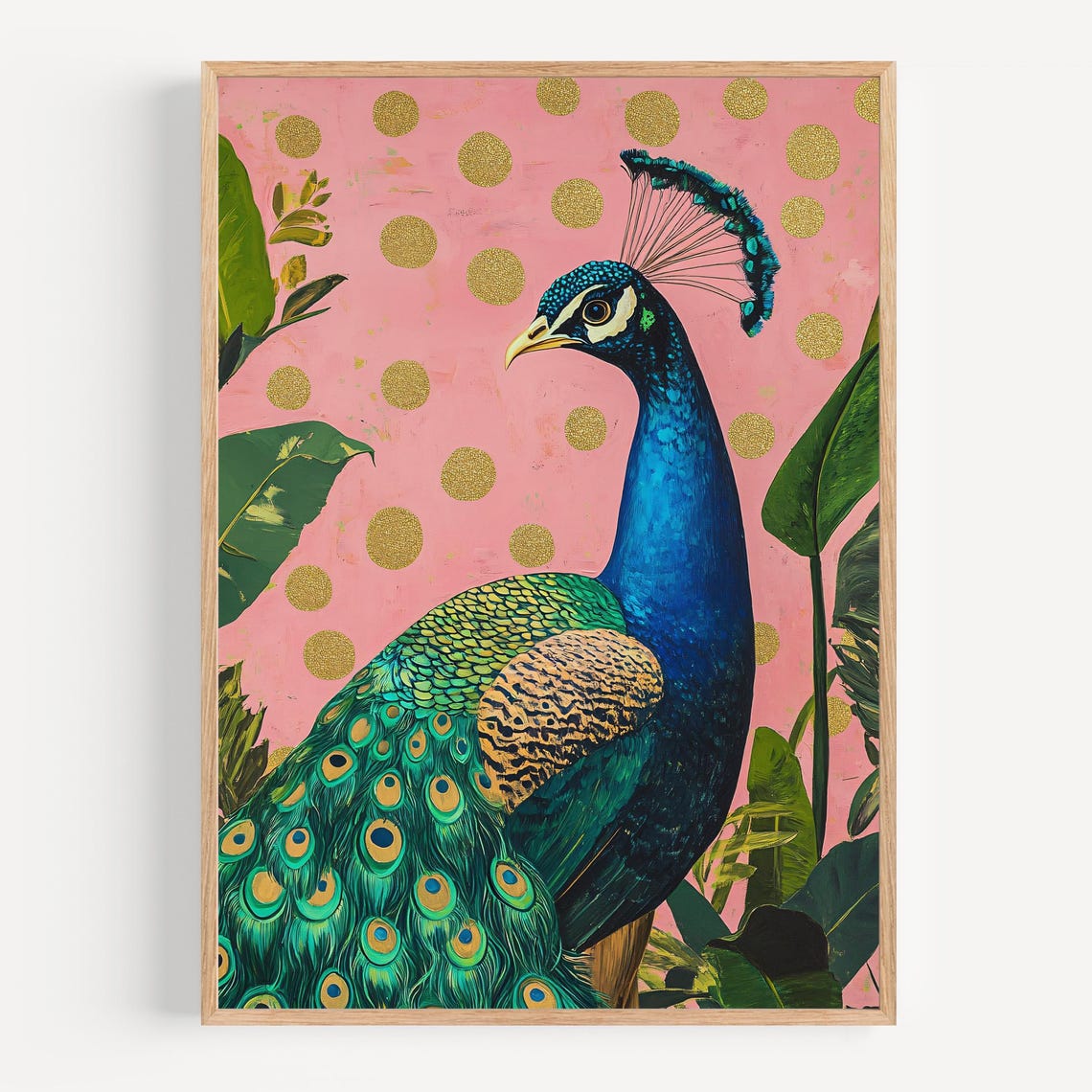 Blue Peacock on Pink with Gold Polka Dots Tropical Bird Poster - Image 2